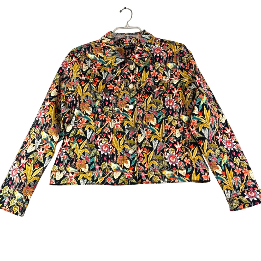 APNY S Multicolor Tropical Bird Floral Denim Trucker Jacket Boho Cottage Retro